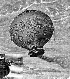 Ensimmäinen miehitetty 
 kuumailmapallolento. Pallo on melko koristeellinen. (Kuvalähde: Wikimedia Commons. Kuva on vuodelta 1783, tekijä
 tuntematon.)